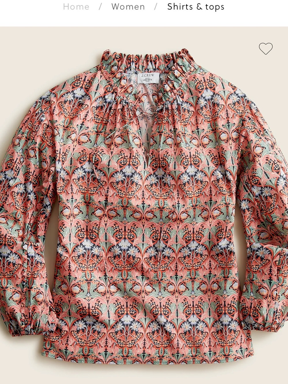 J. Crew Coral and Mint Floral Ruffle-Neck Blouse